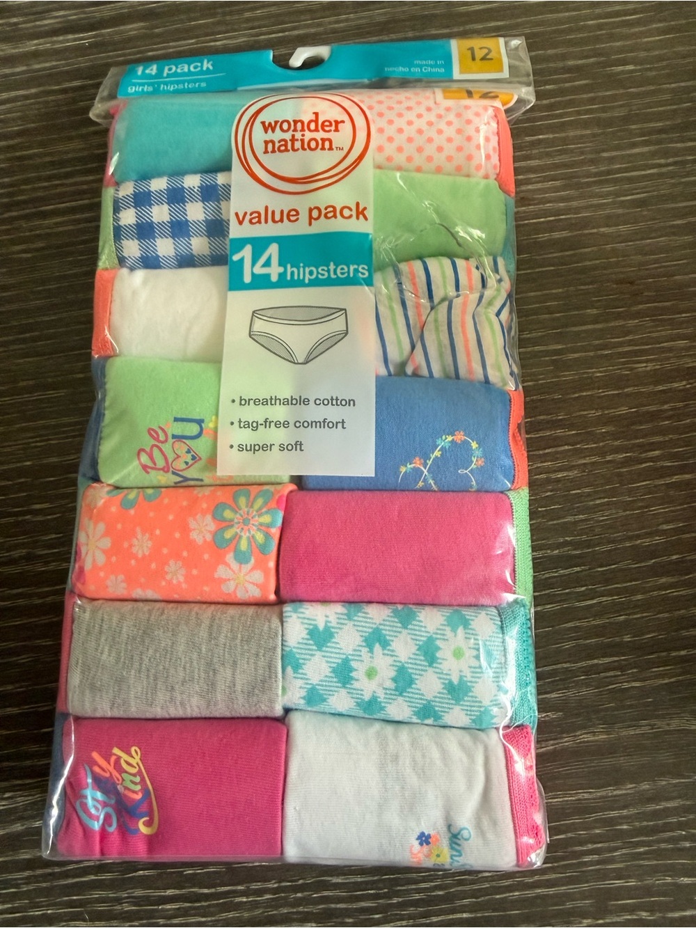NWT Size 12 Wonder Nation Girls' 14-Pack Hipsters - Multi Bright Colors